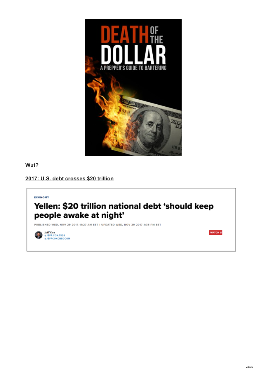 Libro 'Death of the Dollar' e titolo CNBC su Yellen 2014-2017