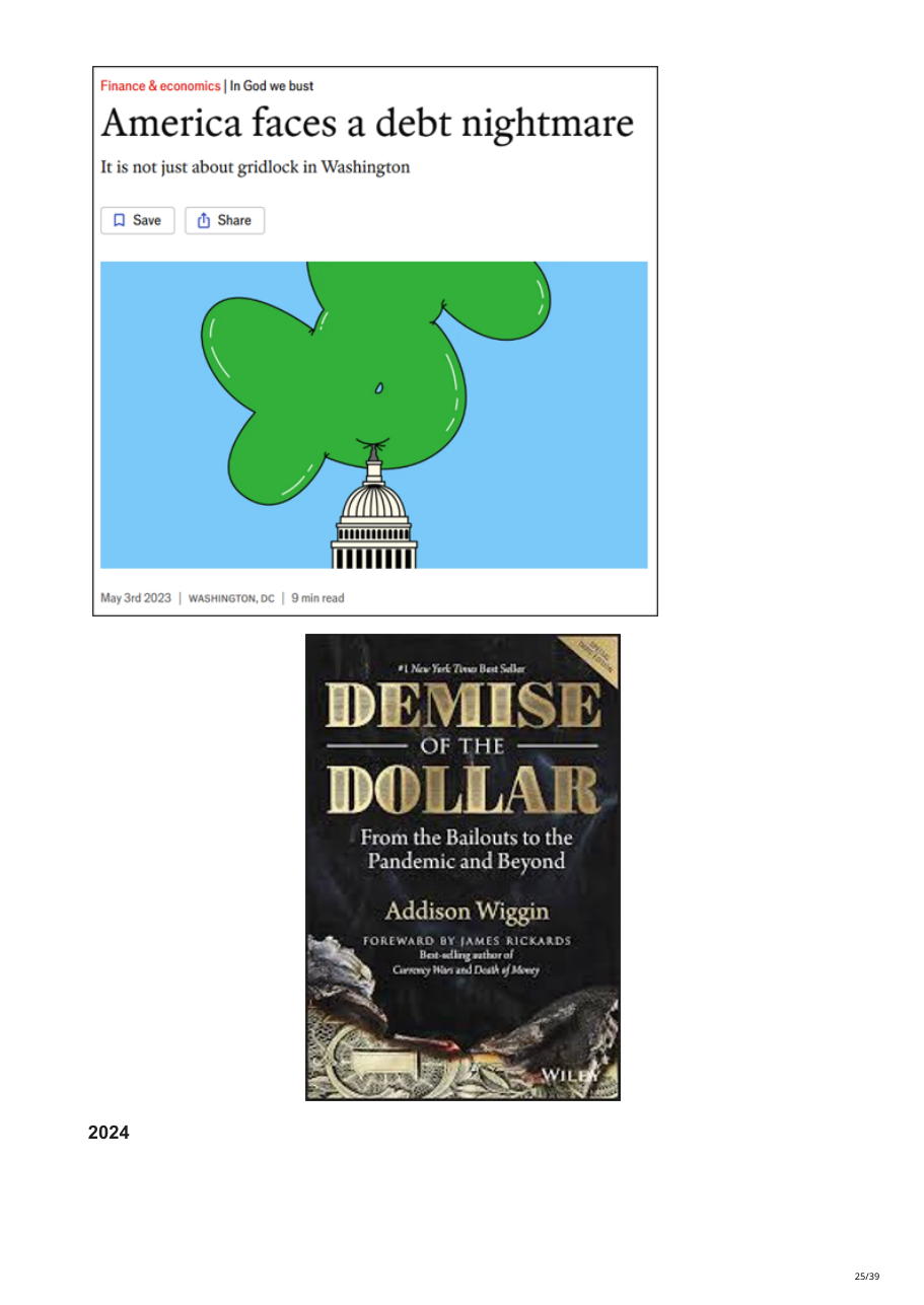The Economist 'America faces a debt nightmare' e libro 'Demise of the Dollar' 2023-2024
